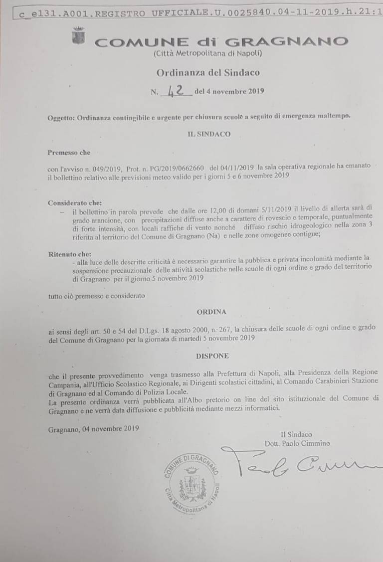Allerta Meteo, scuole chiuse anche a Santa Maria la Carità e Gragnano