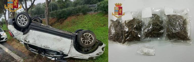 Si è ribaltato sulla A20. Trasportava mezzo chilo di marijuana e 23 grammi di cocaina