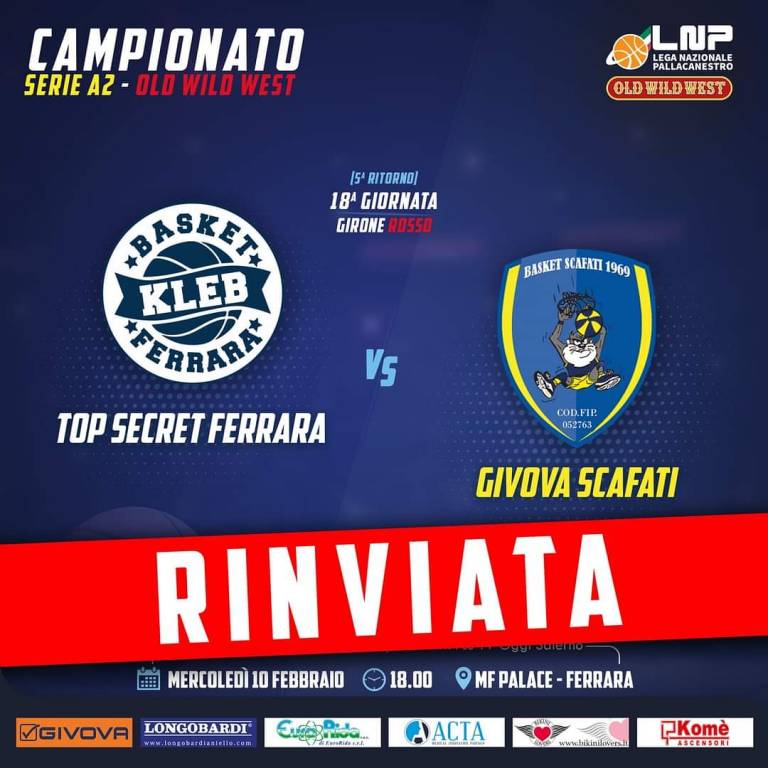Givova Scafati, rinviata la trasferta contro la Top Secret Ferrara