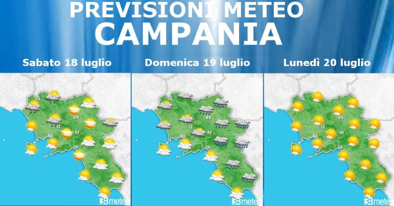 Previsioni meteo Campania 18-19-20 Luglio: piogge, rovesci e temporali