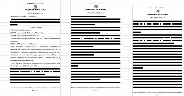 Delibera della Giunta Regionale Siciliana con parti oscurate in neretto