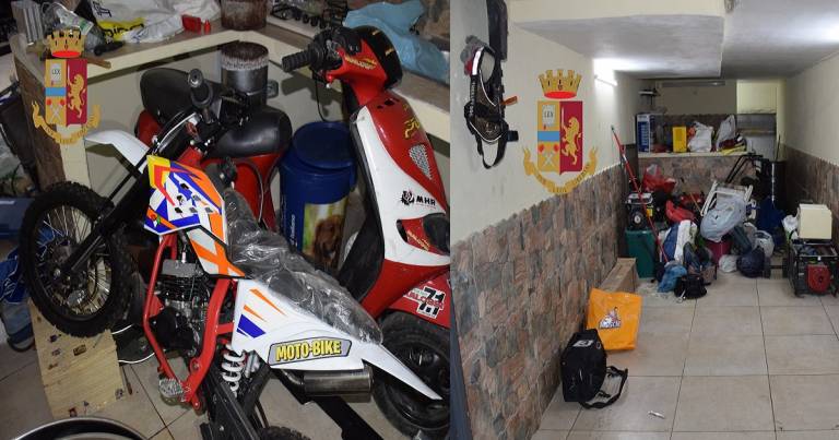 Un box pieno di refurtiva: auto, attrezzi, utensili, scooter, mini moto, pirotecnici
