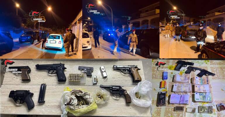 Sequestro di 10 pistole e munizioni nella contrada “arance dolci”, 1 persona arrestata e 22 denunciati