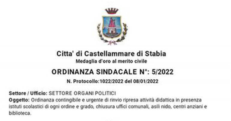 Ordinanza sindacale a Stabia: sospensione delle attività didattiche