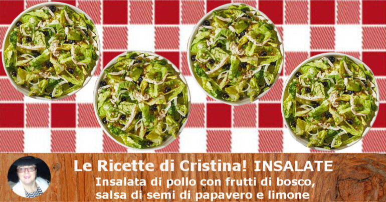 Insalata con pollo, frutti di bosco, salsa di semi di papavero e limone