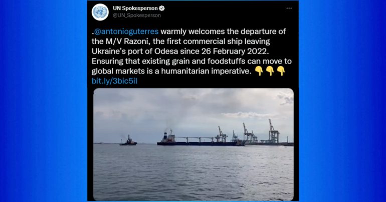 La prima nave con il  grano ucraino lascia Odessa