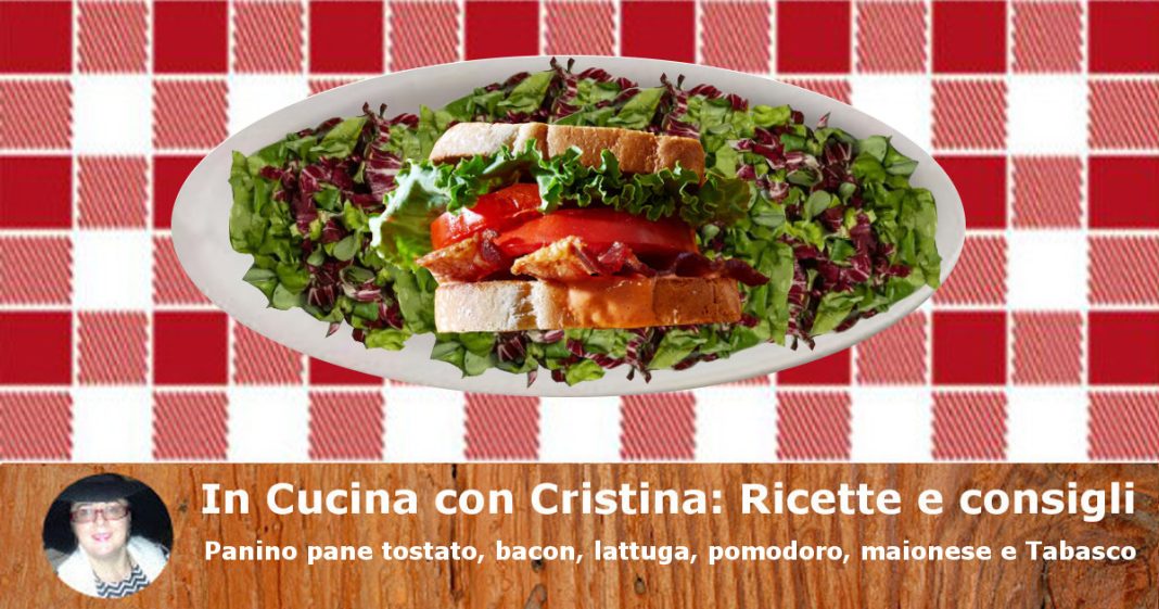 Panino pane tostato, bacon, lattuga, pomodoro, maionese e Tabasco Panino pane tostato, bacon, lattuga, pomodoro, maionese e Tabasco