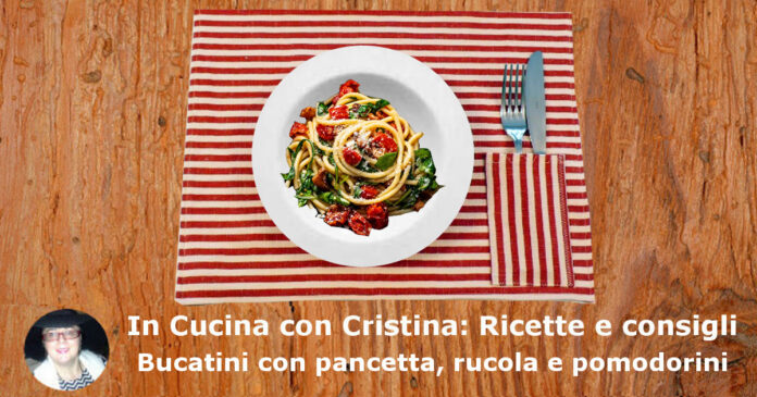 Bucatini con pancetta, rucola e pomodorini