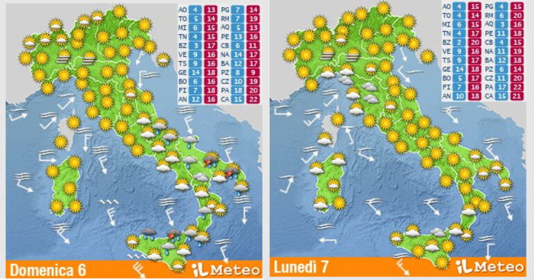 Meteo Nazionale 6-7 Novembre2022: Domenica con vento e piogge al Sud, poi migliora.