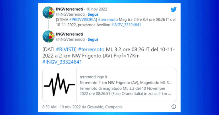 Scossa di terremoto M3.2 in Irpinia: epicentro a Frigento