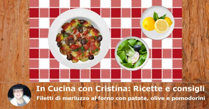 Filetti di merluzzo al forno con patate, olive e pomodorini-min