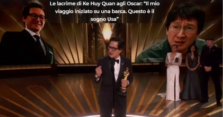 L’attore Ke Huy Quan si commuove durante la consegna dell’Oscar