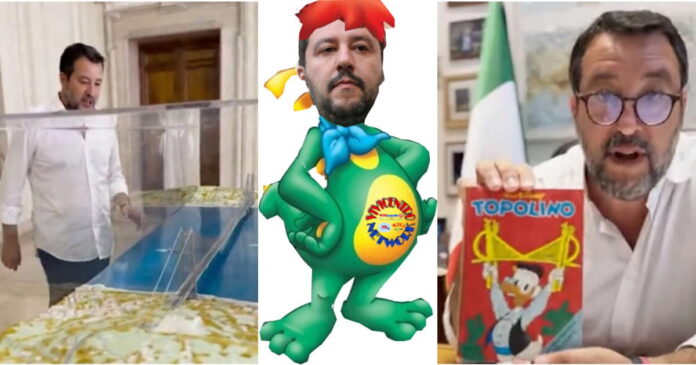 Scivolata di Salvini sul ponte dello stretto, mostra un fumetto illusorio per il ponte di Messina