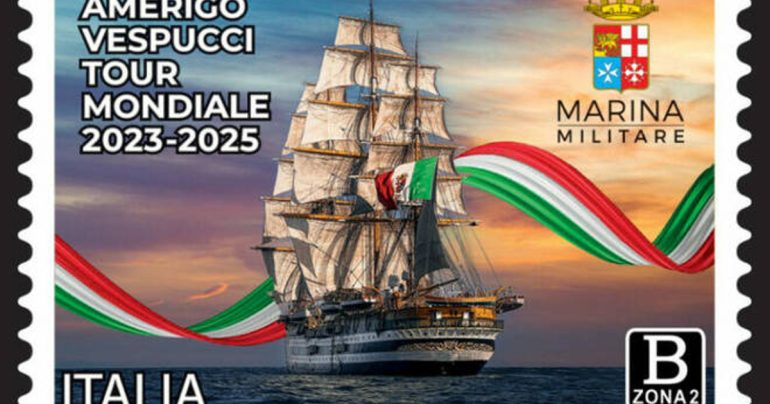Il tour mondiale 2023-2025 della Vespucci, simbolo della cultura marinara italiana, diventa un francobollo