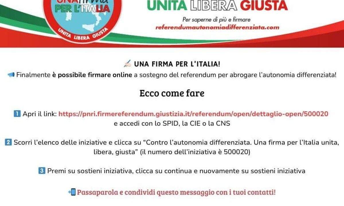 Una firma per l’Italia: Si ad una nazione Unita, Libera e Giusta